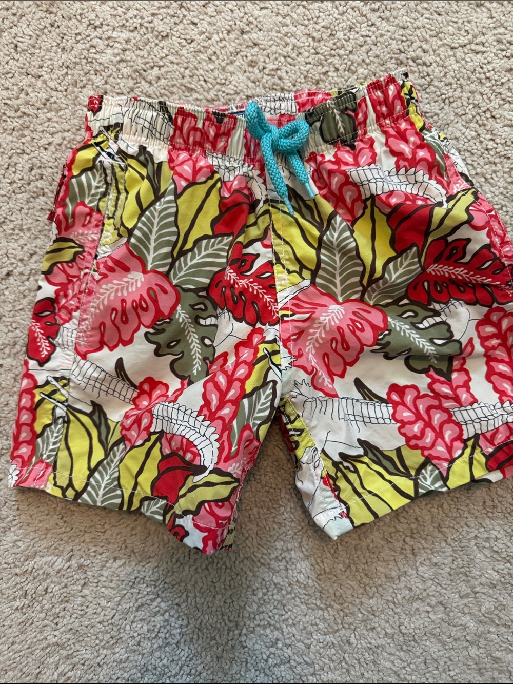 Boys Tropical Print Swim Trunks with Turquoise Drawstring